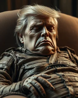 a chubby really old decomposing male mummy, looks similar to donald trump, eyes closed, leaned over in a brown chair