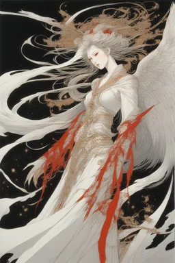 style of Yoshitaka Amano ~a fierce angel, standing with all her might wings outstretched staring deep into your soul, her ornate robe reminiscent of the stars in the night fiery sky. surrealist. Shades of luminous white and red piercing shadow, reminiscent of Beuys and Qian Xuan.