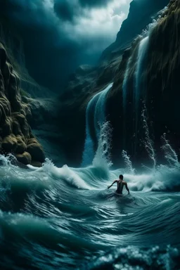 A cave with covered with waterfalls