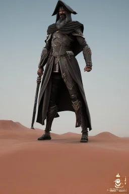 farsi man is the god of power and evil The commander wears a black cloak and a long coat with long combat boots and a long spear with a hat under his cloak with blue flame eyes, a sword like a spear The sun in the palm of a brave man in the middle of the desert A battle iron suit with the ability to fly, made for humans