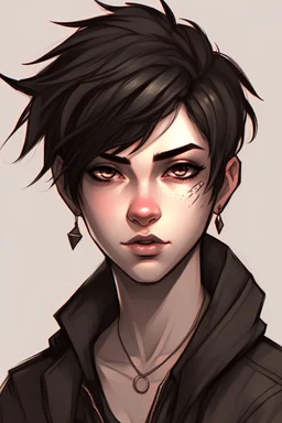 gender neutral character, with piercing and expressive eyes, short dark and rebellious hair that is usually kept in a practical and stripped-down style.