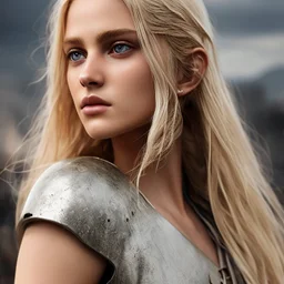 Photorealistic close-up of a beautiful blonde warrior with dystopian clothes and background