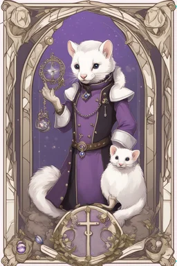 (anthropomorphic white ferret),dressed in ((cleric fantasy)) black and purple clothes with silver holy ornaments, realistic anatomy, fantasy tavern on background, mage and holy symbols around, serious face, hold holy symbol, tired face, in the style of LOISH, look at the vivewer, blue eyes, cute face