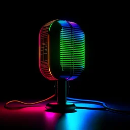 neon microphone on a black mirror table