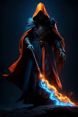 the epic sorcerer known as The Shadow of Death carrying the staff of death and destruction. blue and orange. fantasy art, Cinematic lighting, Volumetric lighting, Epic composition, octane render