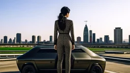 tall thin woman, with black straight hair, dressed in a camouflaged jumpsuit, looking out from the rear of a futuristic aircar, on a tarmac runway, with a city skyline in the distance