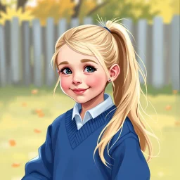 a pretty girl, age 8, blonde hair in a pony tail, playing outside, blue school jumper, digital painting, stylised