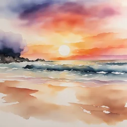 Create a mesmerizing abstract watercolor scene capturing the tranquil beauty of a beach at sunset. Let the warm hues of the setting sun blend with the calming waves and sandy shores, evoking a sense of serenity and peace.