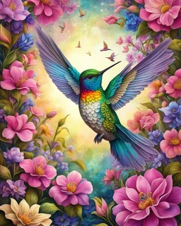 Full body cute floral hummingbird in spring flowers in the style of Josephine Wall, dark pink and beige, colorized, highres, detailed fur, realistic, vibrant, springtime, detailed eyes, professional, atmospheric lighting. High resolution, 8K,