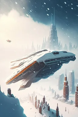 spaceship flying low over a snow-covered city