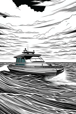 Outline art, no shading, speed boat on the sea, cartoon style, black and white, low detail, --ar 9:11