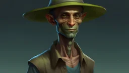 A friendly, human-looking alien. Male or non-gender wearing slightly odd clothes and a hat. Heavy build.