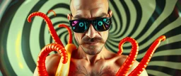 flesh hot dog tentacles, gecko weirdo man, through pin hole pic camera, hot dog commercial caravan magic, blissfull genious, ultra chromatic, cyber jobe, flying yoga magic , lawn mover man movie character, portrait of upper body of cool transparent guy made with nano tape and with shades and mustache and bald head, saw blade beholder eye tyrant flating beholder kin with eyes on each saw blade tooth saying something profound, hypnotic zebra twirl background, with chrome reflections