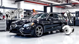 A luxury garage, a car repair shop, with a black Benz C-Class parked in the middle, and a number of car symbols such as the engine, crankshaft, shock absorbers, and turbocharger around it, and the car is being overhauled.