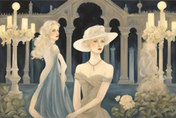 two elegant women at night in the garden of the palace of good and evil, by artist "Ingrid Umber", by artist "Sienna Lamberts"