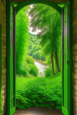 An open door behind it, a green garden and a high-definition river.