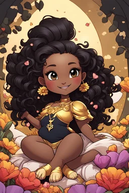 A sassy thick-lined comic book art cartoon black chibi girl lounging lazily on her side, surrounded by flower petals. She has a golden lion tail curling playfully behind her curvy body. Looking up coyly, she grins widely, showing sharp lion teeth. Her poofy hair forms a mane framing her confident, regal expression.