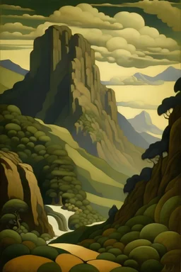 A grayish brown giant mountain near a canyon painted by Paul Ranson