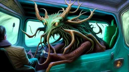 lovecraftian styled resurrected deerp seeks revenge on the Lady driving the Budget Moving Van