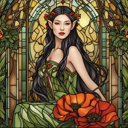 Stained Glass Art Nouveau art style A beautiful as a model asian woodland elf princess who looks like a young Lucy Liu seated on a throne surrounded by poppies and marijuana leaves in a mystical forest, photo-realistic