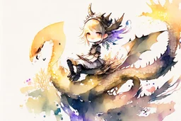 a cute anime chibi princess sitting on a wild chinese dragon and dynamically riding it, melting watercolor and black ink outlines on wet paper, soft, shading strokes, in sunshine, ethereal, otherwordly, cinematic postprocessing, bokeh, dof