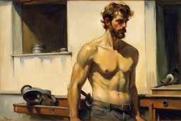 A handsome masculine shirtless scruff greasy dirty mechanic, Edward hopper John singer Sargent oil painting