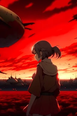 War victim girl anime Ghibli Facing back Red sky There are fighter planes In the sky World war background