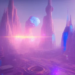 a crystalised blue pink futuristic city suspended in the air, gold, diamonds, lightbeams, sunny atmosphere, realistic, unreal engine, 8k. Cinematic lighting, octane render.