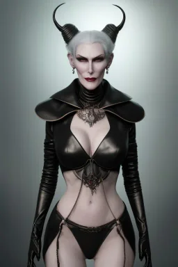 Carmen Dell`orifice as evil queen in black leather, leather, busty, cleavage, angry, stern look. character design by cory loftis, fenghua zhong, ryohei hase, ismail inceoglu and ruan jia. unreal engine 5, artistic lighting, highly detailed, photorealistic, fantasy