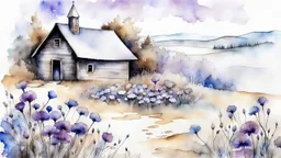 watercolor on dry, with ink wash, very fine drawing in black ink, grunge, rust, detailed, pastel colors, light gray, light almond, outline of stone old fantasy village, close up splashes of purple and blue meadow carnation, delicate wildflowers, stonecrop, dreamy, very delicate mood, foggy lights, detailed, high contrast, masterpiece