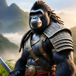 a gorilla female with dreadlocks, clad in intricate samurai armor, stood poised on high guard, her keen eyes scanning the horizon for any sign of danger. In her powerful grip, she wielded a gleaming katana, its blade reflecting the light with a deadly glint.