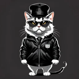 Drawing of an angry cat with black jacket, hat and glasses, NFT style