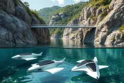 Transparent pedestrian bridge between two cliffs. It has solar panels installed. Below the bridge, autonomous underwater drones with sleek hulls and a solar panel on top retrieve trash from the lake. The drones have a hydrodynamic shape, are equipped with a robotic arm and camera to store plastic waste. The design is modern and innovative and reflects futuristic technologies for environmental protection.