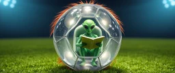 highly regular and hairy transparent soccer ball space ship with green alien director men inside, front flaps, ailrons, smiling welcoming, reading scrolls