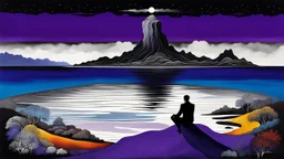one alone human shiluette sitting on deep colors dark purple, gray, black, dark blue, white, brown. and metallic colors,, little island on big ocean, next the island close there is beautyful color landscape with cites and with many humans, deep dark colors . style of Chagall meets the dark visions of Minjae Lee and René Magritte, lonely. detailed artistic surreal drawing with painted and ink picture, random normal neurotipical lifes contrast the weird inner world with neurodivergens soul an