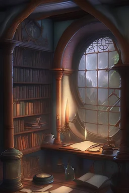 interior of a wizards study, window on the wall