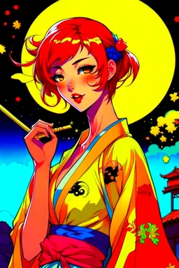 (Asian), short hair, fiery red hair hair, normal hands yukata, yellow clothes, 8k, best quality, winking, very dark night time, lighting from moon yellow moon, perfect, masterpiece, anime style, cartoon style,