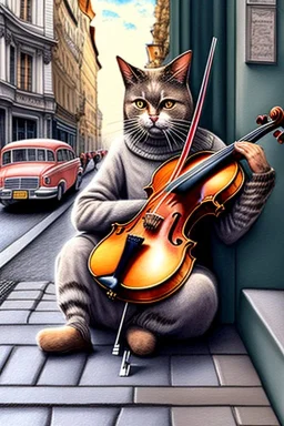 One single mature cat playing violin on the street, Vienna, friendly, model style, hyper realistic, extremely accurate, delicate, extremely detailed, Graphic novel style, wide-angle, open aperture, superfine pencil