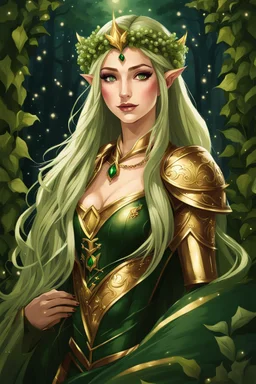 Dark green hair,Rapunzel hair,golden armor,night,sparkle,lily of the valley,ivy,elven warrior,elven ears,burgundy,green,gold,elven crown,extremely long hair