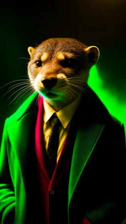 an otter in a brown blazer standing in front of smoke, backlit, in the style of gritty hollywood glamour, light brown and emerald, movie still, emphasis on facial expression