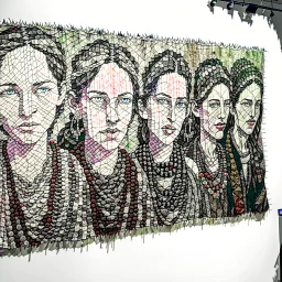 A Wide Panel in which 5-6 potraits are deveped with Wool threads tapestry artwork connected with each other through threads,