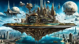 a stunningly weird image of a futuristic floating island-like metropolis using Salvador Dali's paranoiac-critical method, where buildings and structures appear to melt into the skyline cityscape is filled with floating mad, twisted sharp metal shapes that interact with the buildings and each other, forming a surreal tableau of a dreamlike reality. neu-steampunk vibe, essence of the scene in a cinematic manner, with dramatic shadows that enhance the distorted perspectives and bizarre