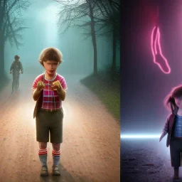 Stranger things eleven toddler, full body, dramatic lighting, hyper realistic