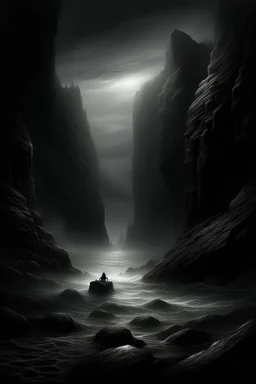 In the abyssal depths of the ocean, darkness reigns supreme, aswallowing light and casting an eerie gloom. Jagged rocks jut ominously, shadows dancing with a dark hooded man standingSinister shapes glide, eyes gleaming in the murky depths. Distant rumblings and creaking sounds fill the water, sending shivers. In this desolate underworld, fear of the unknown pervades every corner, where the slightest movement evokes terror. It's a realm where nightmares manifest, and the deep, unfathomable expans