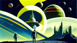 stlye of 1960's sci-fi book cover, alien castle on foreign planet, spaceships in the sky, stars in the universe, painted look, astronaut in the foreground walking away