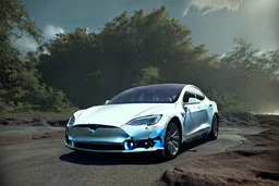 A Tesla 'Model S' is going at a high speed, on the 'Jurassic Park' island. (CINEMATIC, WIDE ANGLE LENS, PHOTO REAL)