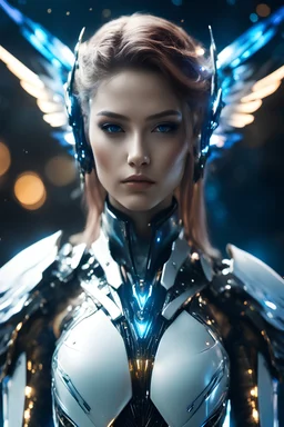 Close up Facing Front night Photography Realistic High Details,Natural Beauty,Beautiful Angel Pretty woman cyborg cybernetic ,futuristic warframe armor,wings ,in Magical Planets Cosmic full of lights colors,glowing in the dark, Photography Art Photoshoot Art Cinematic Soft Blur Colors