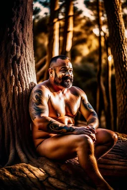 close up photography of a marocan 44 years old seated on a tree trunk in the wood, burly chubby muscular overweight, manly chest, white bulging boxer, shirtless, hairy , golden hour, tatoo,, 35mm lens, f/1.8, accent lighting, global illumination, frontal view from the ground