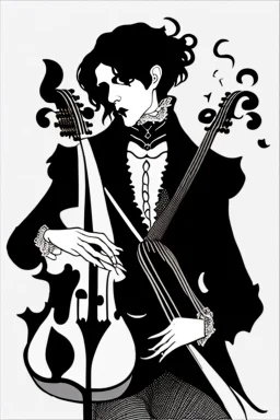 goth male necromancer with black hair playing a cello in the style of Aubrey Beardsley