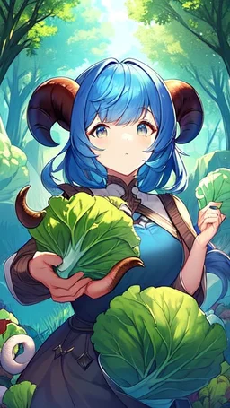 Two Girl goat horns, blue hair, clearing in forest, goat foot, cabbage in hand , hoof foot